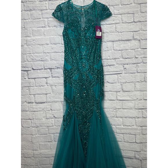 Abby Paris Teal Formal Prom Dress Mermaid Cap Sleeve Net Ruffle Bottom SZ 6 NEW